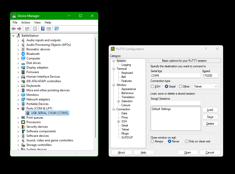 PuTTY serial connection