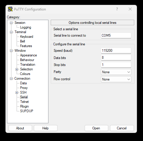 Serial connection settings